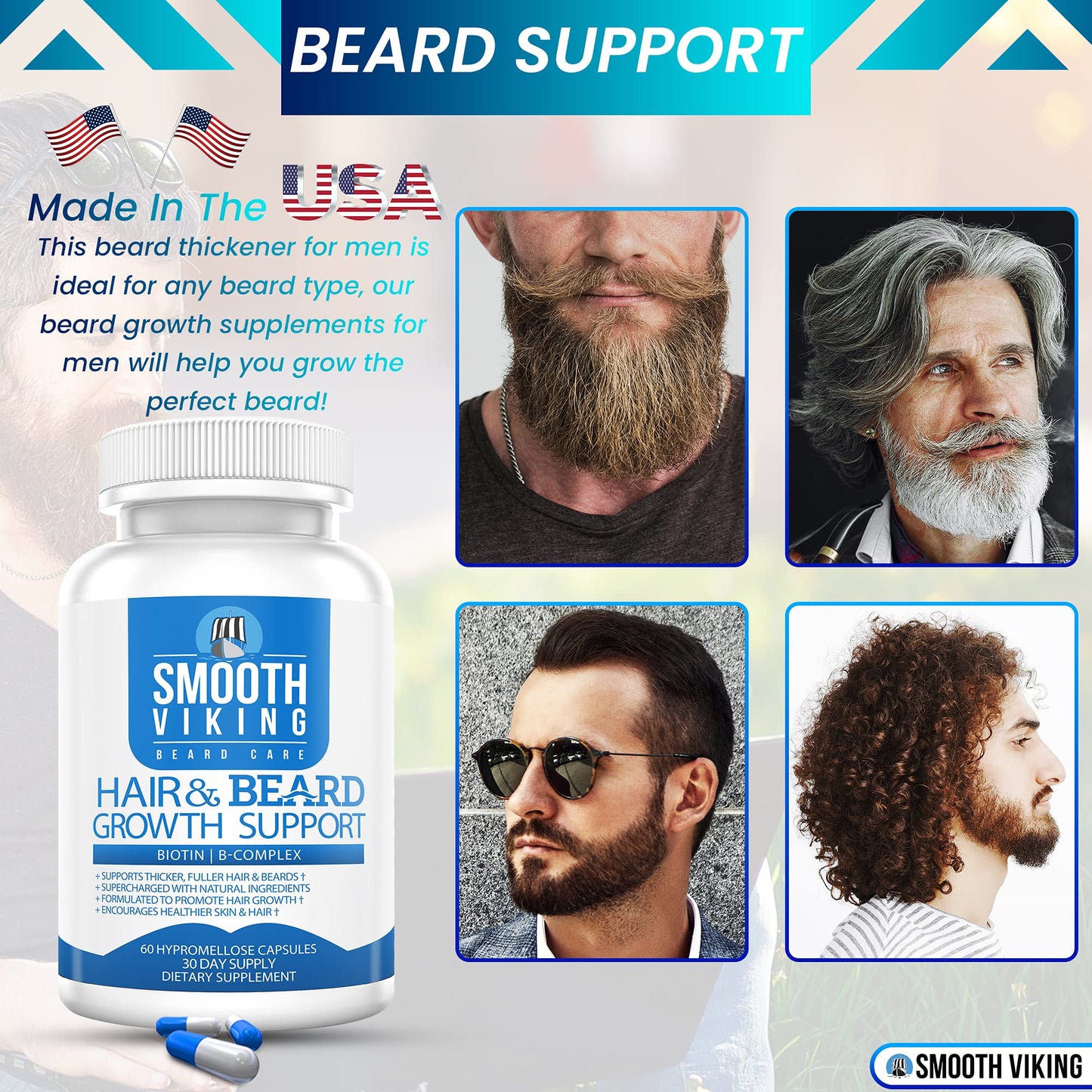 Beard Growth Supplement - Hair Growth Vitamins for Men (60 Capsules) - 5000 MCG Biotin & DHT Blocker for Hair Loss Treatment - Beard Pills for Thicker, Stronger Hair
