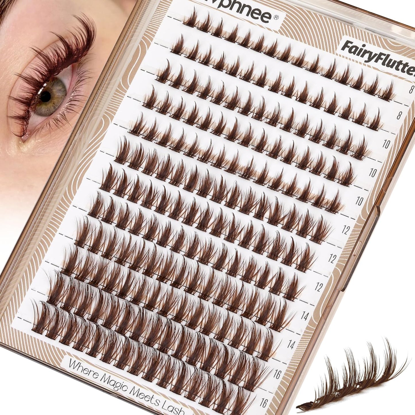 Anime Cluster Lashes - Brown Wispy Eyelash Extensions | C-Curly Spiky Manga DIY Pack (108 Pcs, 10-16MM)