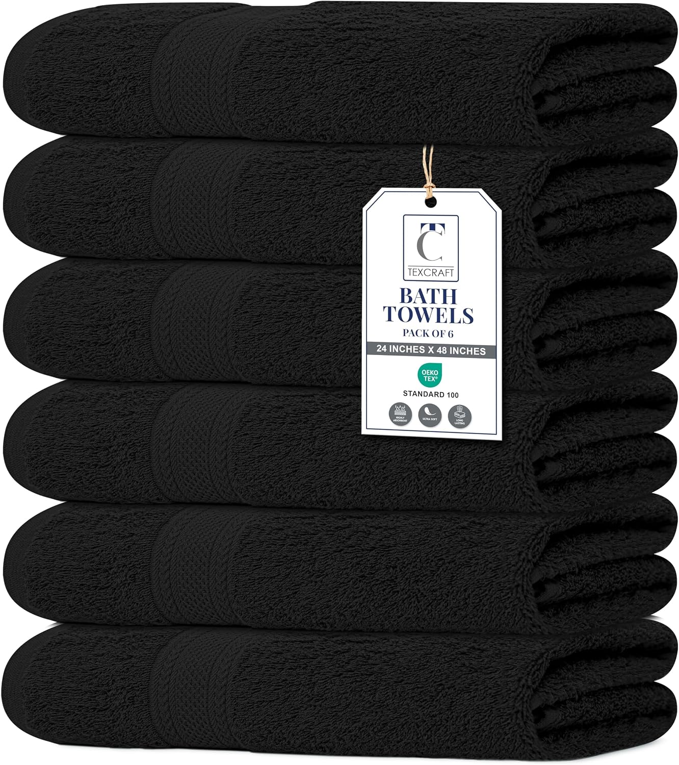 Large Bath Towels Set of 6 - 100% Cotton Terry, Quick Dry & Soft - 24" x 50", Grey for Bathroom, Gym & Spa