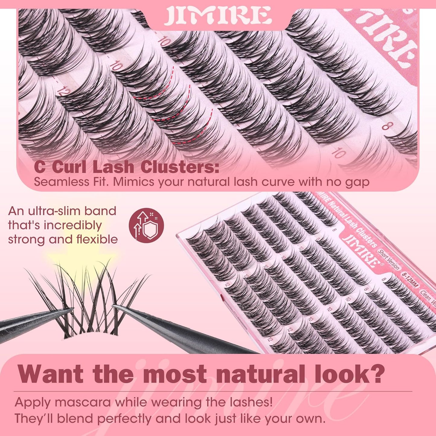 Natural Lash Clusters - Wispy 8-12MM C-Curly Eyelash Extensions | 120Pcs DIY Clear Band Lashes