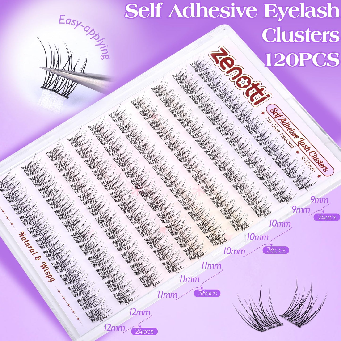Natural Self Adhesive Clusters Lashes No Glue Self Adhesive Wispy Cluster Eyelashes Extensions Pre-glued Lashes Cluster Reusable C-Curly Individual Lashes 9-12mm Press on Lash by zenotti