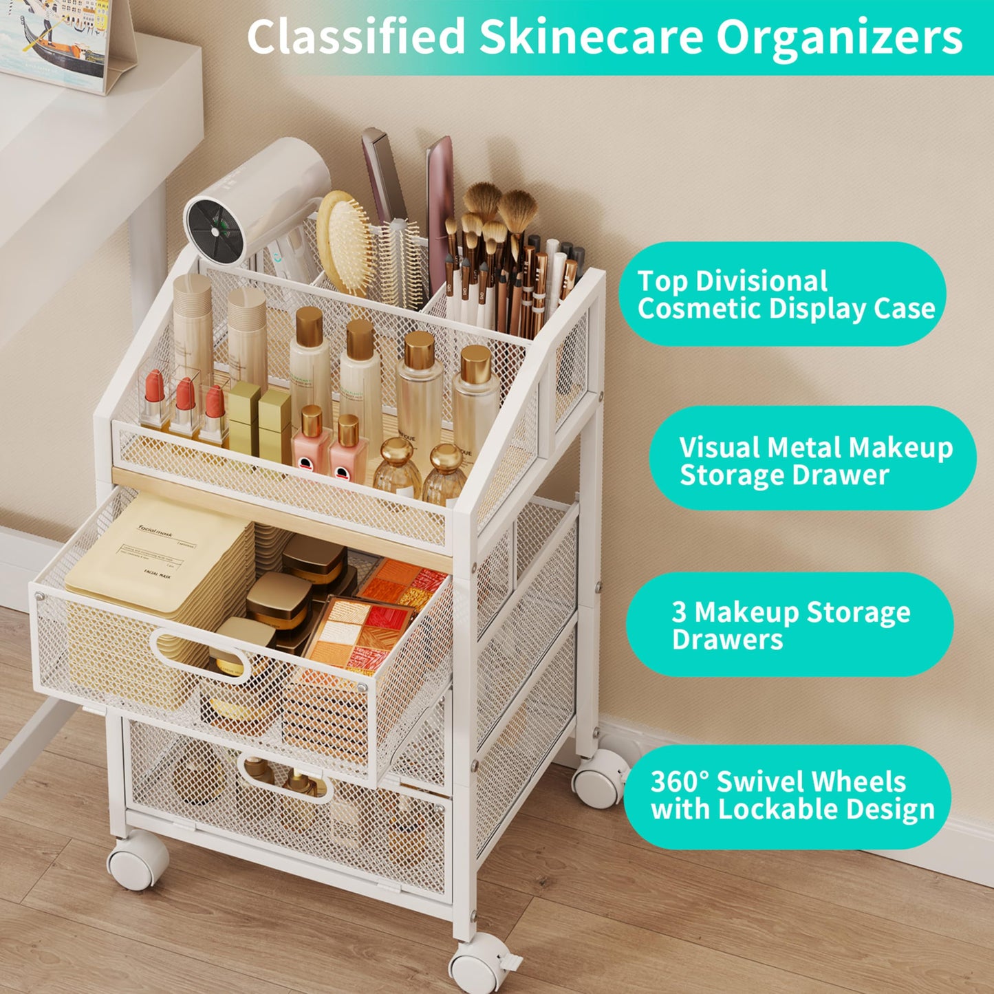 HapiRm Rolling Makeup Cart Organizer - Under Desk Makeup Storage with Wheels, Floor Make up Cart Skincare Organizers Desk Vanity Storage Organizer Cabinet for Cosmetics Makeup Brush Hair Tool, White