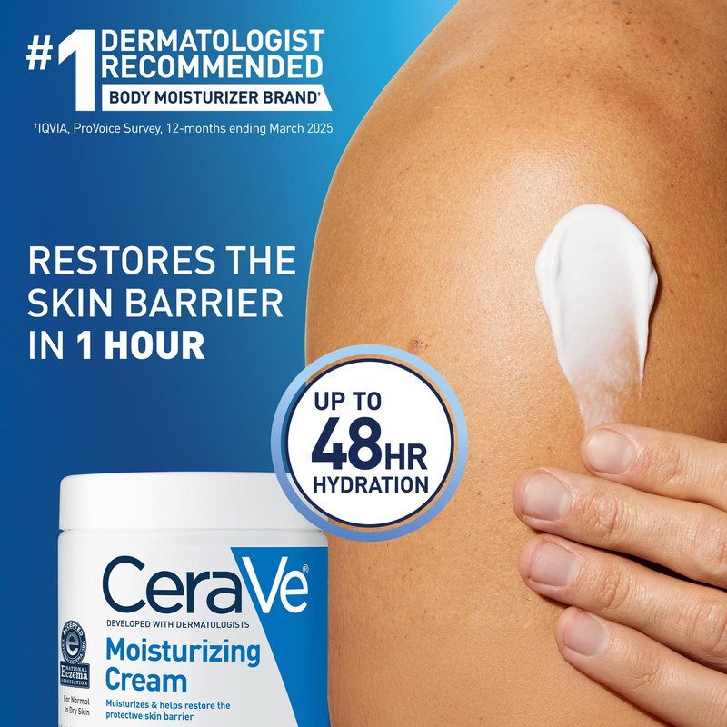 CeraVe Moisturizing Cream, Body and Face Moisturizer for Dry Skin, Body Cream with Hyaluronic Acid and Ceramides, Daily Moisturizer, Oil-Free, Fragrance Free, Non-Comedogenic, 19 Ounce