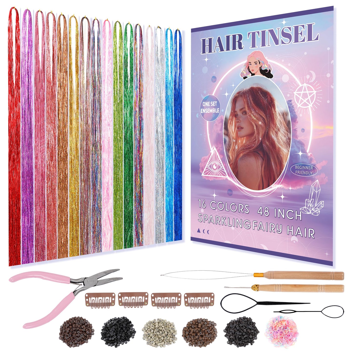 Hair Tinsel, 16 Colors Fairy Tinsel Kit for Girls 48 Inches Heat Resistant Glitter Hair Extensions Accessories for Christmas Party Festival