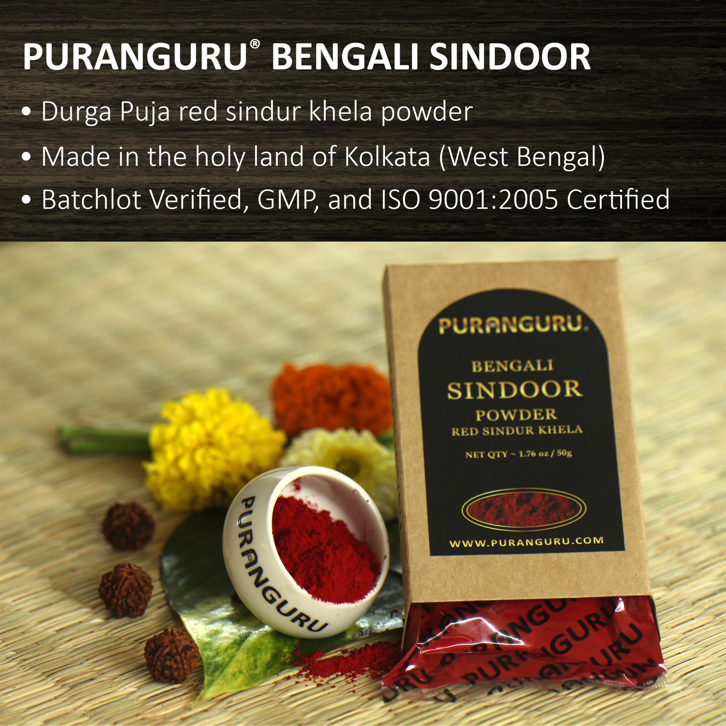 PuranGuru Bengali Sindoor Dust | 50g/1.76 oz | Bright Red Color | Sindur Khela Powder | Durga Puja Vermilion | Dussehra Vijayadashami Suhag Tilak | Bengal Red Bridal Bindi | Forehead Ceremonial Tikka