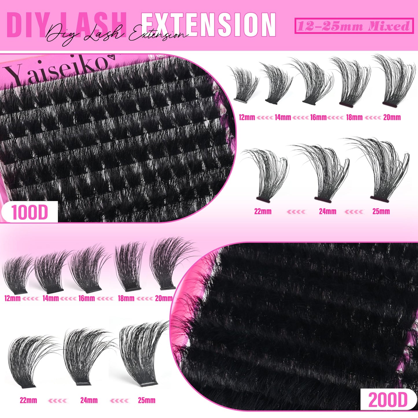 Volume Lash Clusters 100D+200D Mega Lashes Clusters 12-25mm Wispy Individual Lashes Cluster Eyelash Extensions DIY Lash Extension Replacement for Yaiseiko(280Pcs)