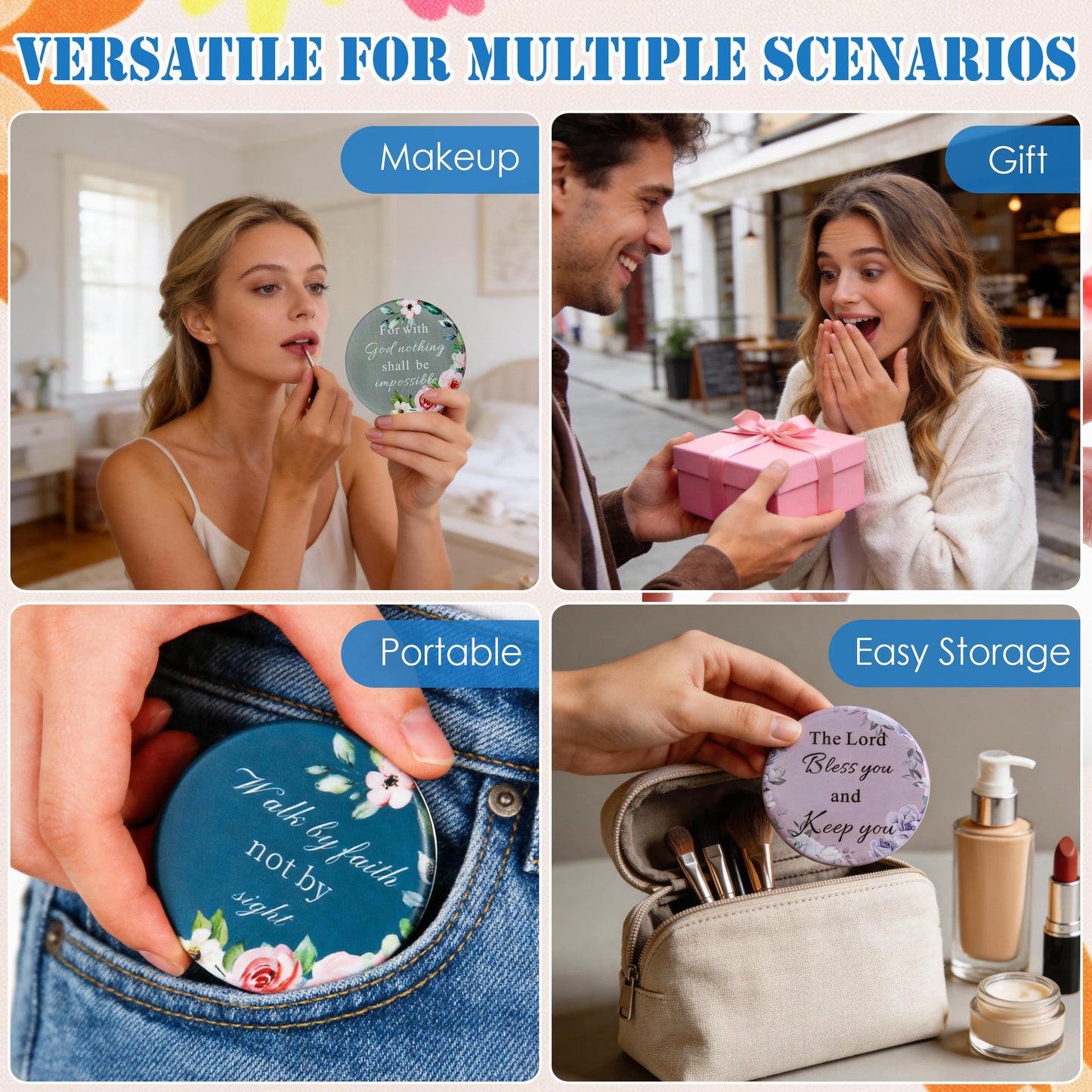 J6&H6 36Pcs Bible Verse Pocket Makeup Mirrors Bulk with 6 Unique Inspirational Scripture Elegant Floral Designs for Christian Events Easter Mother's Day Christmas Birthday and Religious Gifts