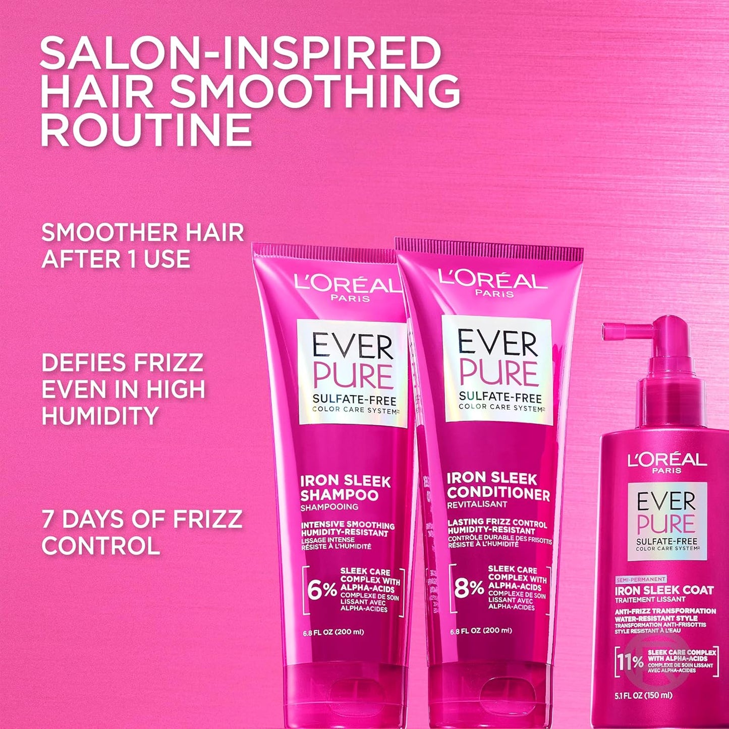 L'Oreal Paris Sulfate-Free Smoothing Shampoo & Conditioner Set - Frizz Control for Color-Treated Hair | 13.6 Fl Oz