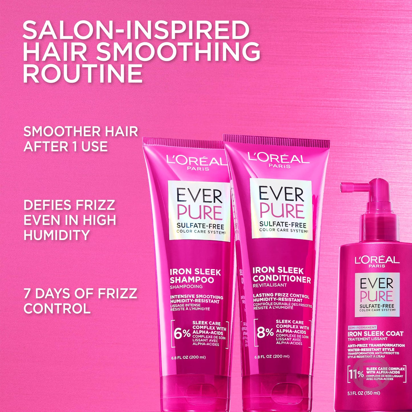 L'Oreal Paris Sulfate Free Iron Sleek Smoothing Shampoo and Conditioner Set, Frizz Control and Humidity-Resistant Formula with Alpha-Acids, Suitable for Color-Treated Hair, EverPure, 13.6 Fl Oz Set