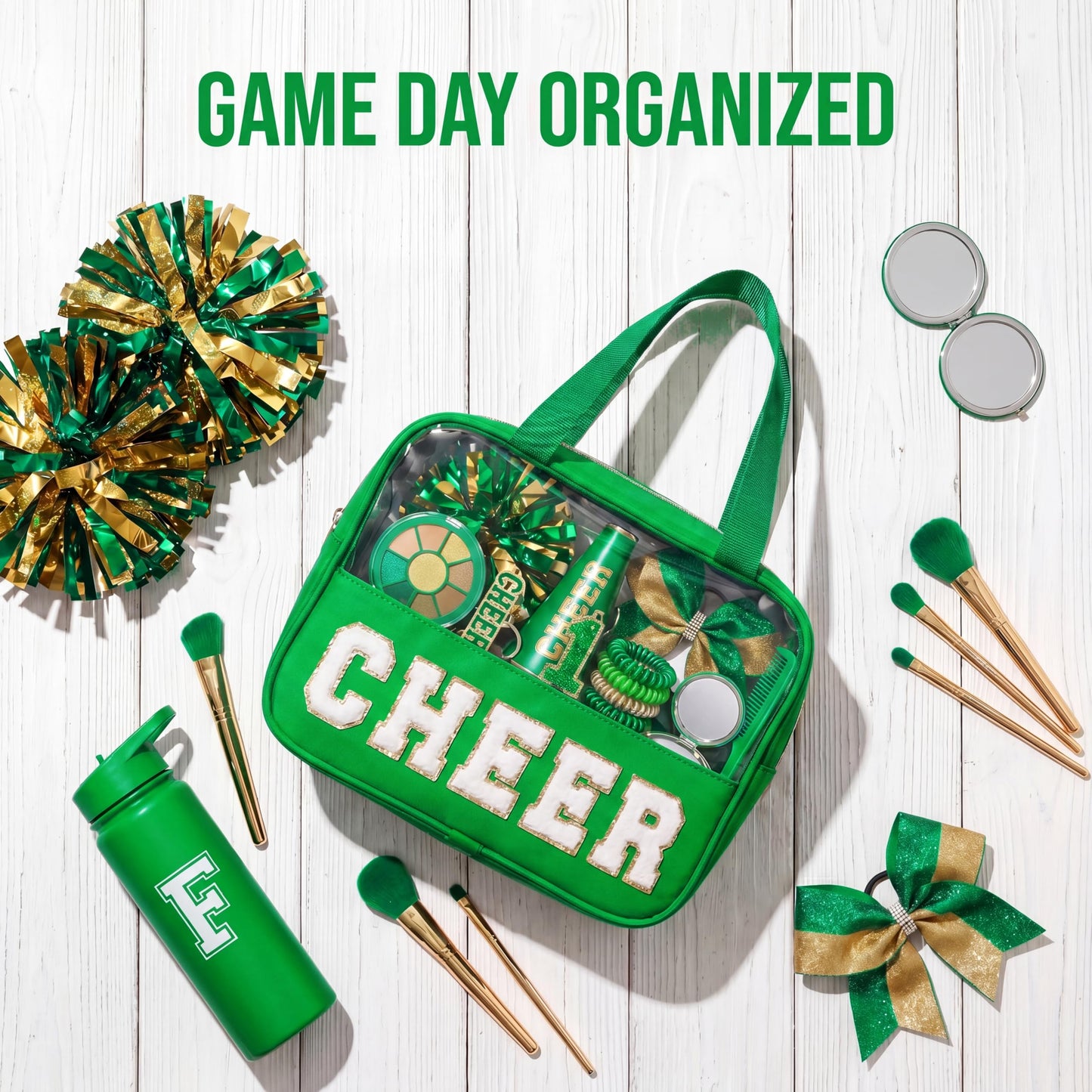 KYTACCU Cheer Makeup Bag Cheerleader Gifts Cheer Chenille Letter Cosmetic Bag Cheerleading Competition Accessories Clear Travel Toiletry Pouch for Girls Women-Green