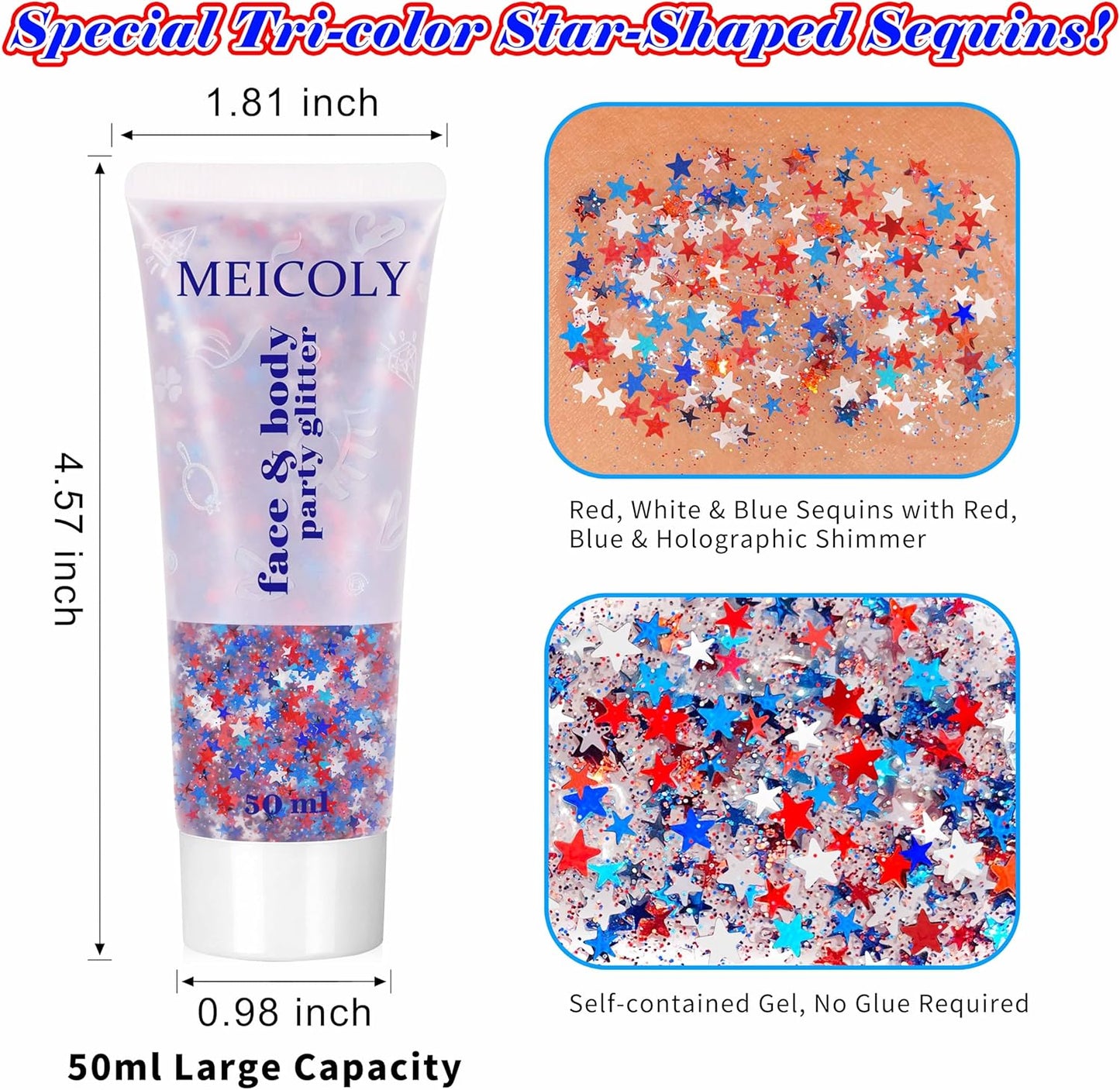 Star Shaped Red White and Blue Body Glitter Gel - 50g Patriotic Face & Hair Glitter for 4th of July Outfits