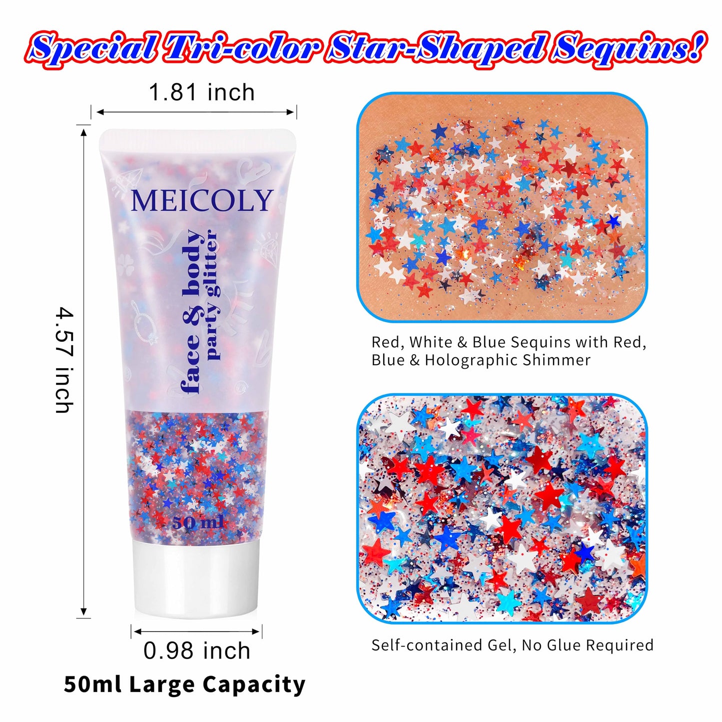 MEICOLY 250th Red White and Blue Patriotic Face Glitter,USA Flag Star Body Glitter Gel,Hair Glitter for 4th of July Outfits for Women, Fourth of July Accessories for Independence Day