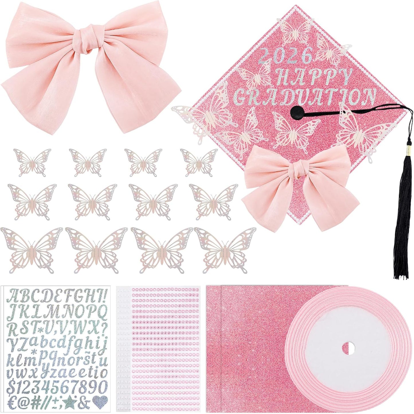 Graduation Cap Decoration Kit - 56 Pcs DIY Pink Flowers, Rhinestones & Glitter Butterflies | 2026 Grad Hat Topper