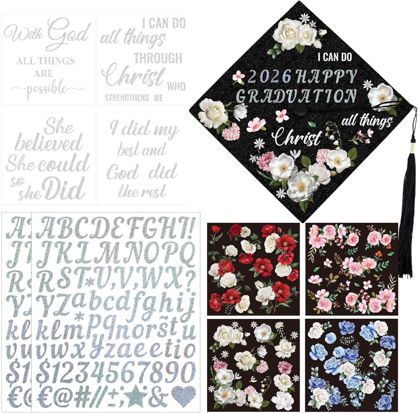 Graduation Cap Decoration Kit - 56 Pcs DIY Pink Flowers, Rhinestones & Glitter Butterflies | 2026 Grad Hat Topper