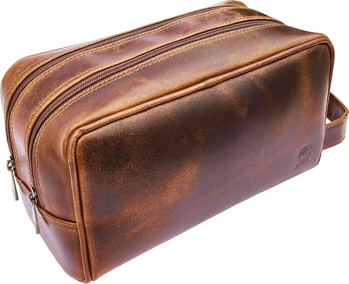 Full Grain Leather Travel Toiletry Bag - Rustic Town Cosmetic Organizer | Dark Brown