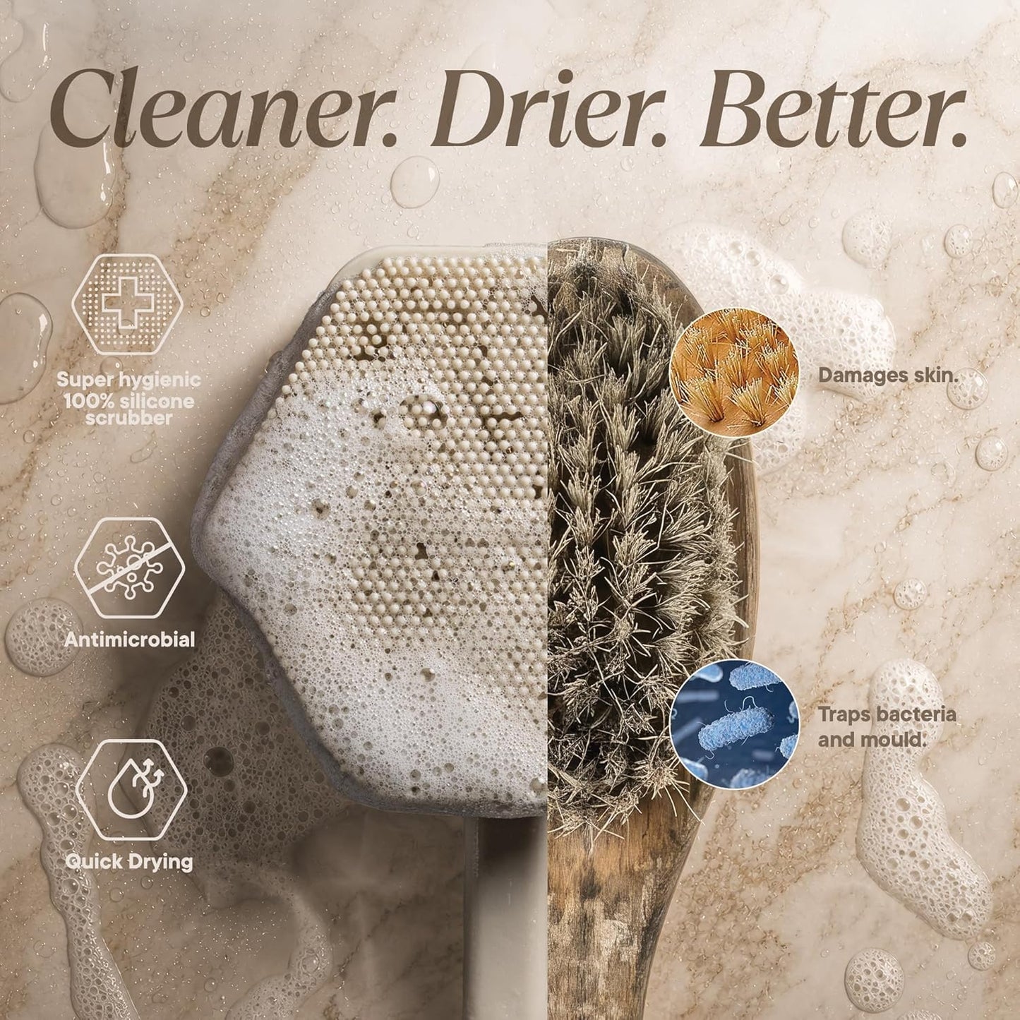 Silicone Back Scrubber for Shower | Exfoliating Body Brush with Long Ergonomic Handle & Non-Slip Grip - Sand Color