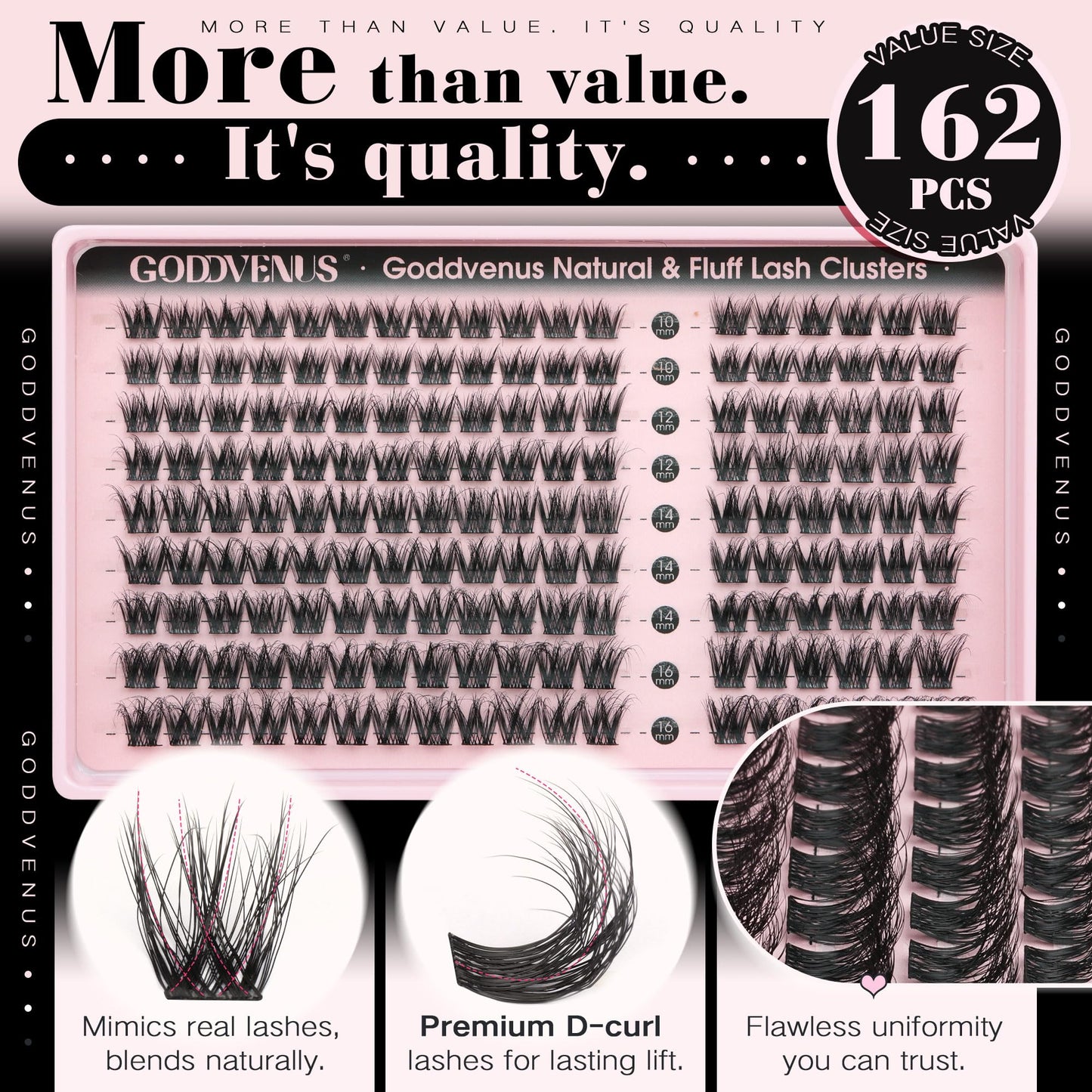 Goddvenus Natural Lash Clusters Wispy Cluster Eyelash Extensions, Fluffy DIY Lash Extension Natural Look False Eyelashes, D Curl Individual Lashes (D Curl 162pcs)