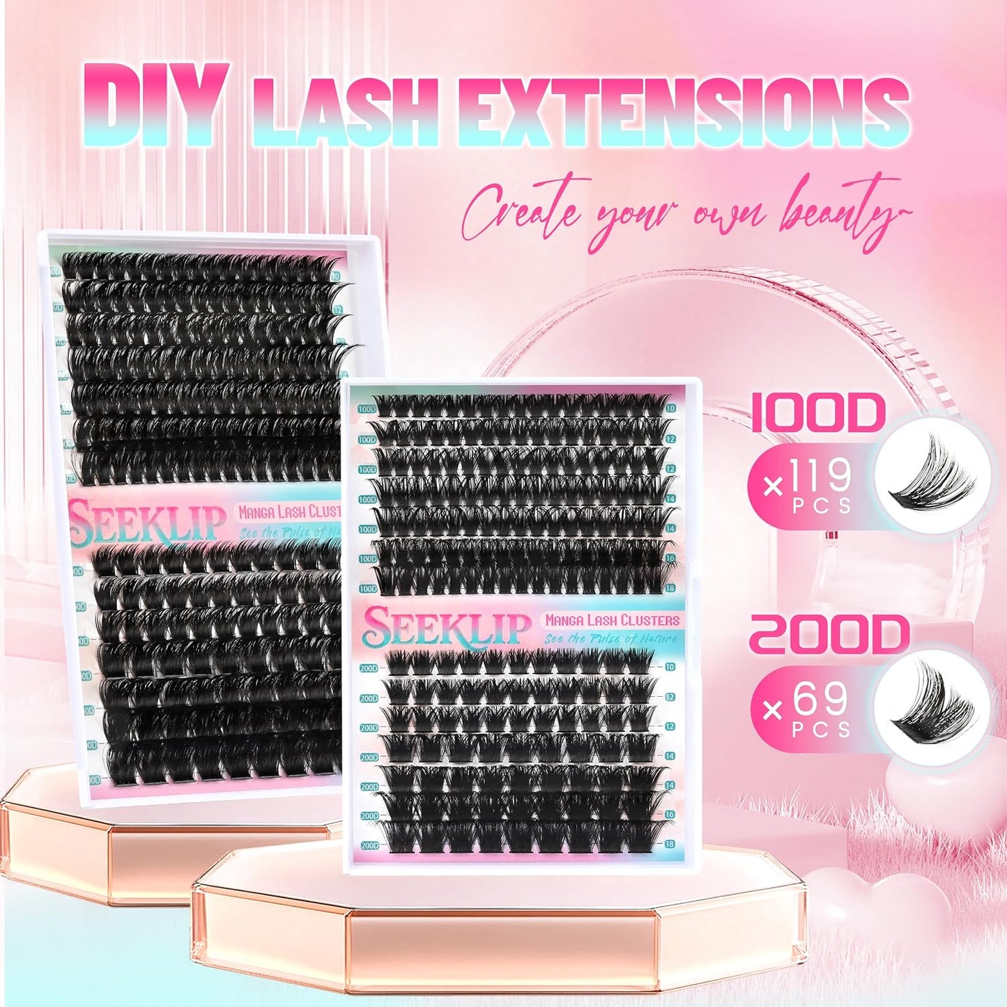 Dramatic Thick Eyelash Extensions - 188 Pcs Fluffy Volume Lash Clusters for DIY Glam Look | 100D & 200D