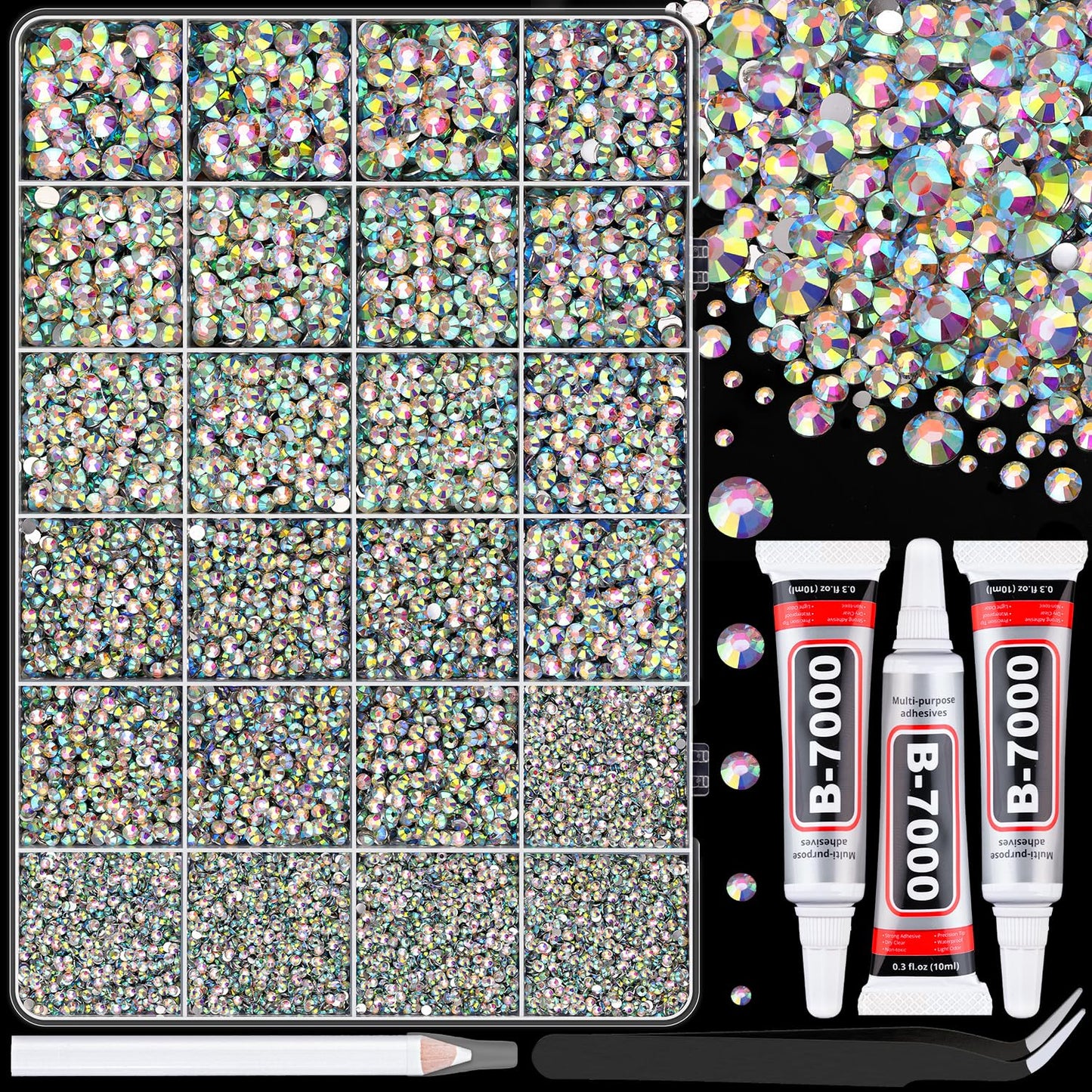 32000 Pcs Black Rhinestones - Flatback Resin Gems for Bedazzling | Jewelry Glue & Tweezers Included