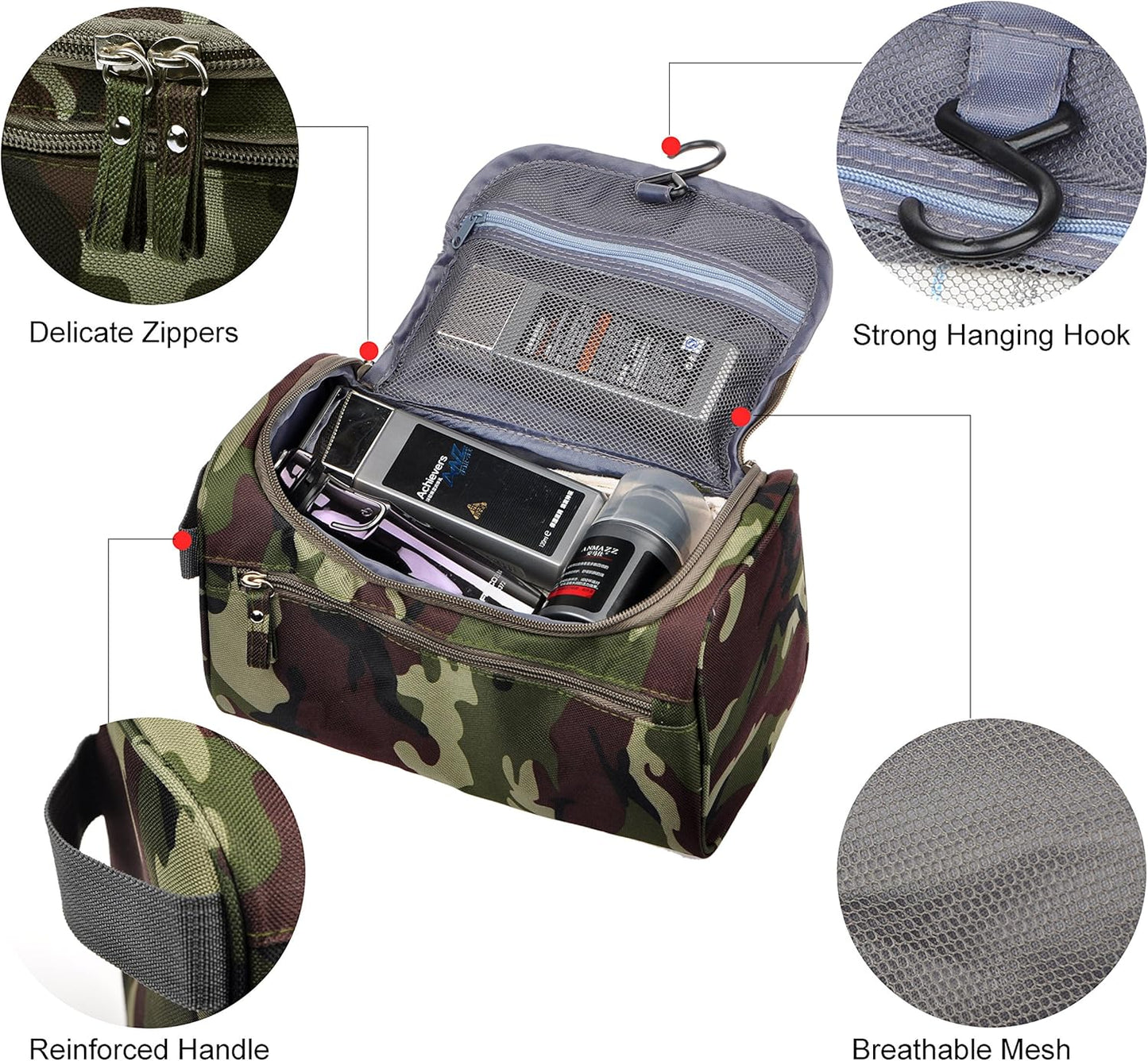 Men's Toiletry Bag - Compact Travel Shaving Kit | Camo Dark Green Design
