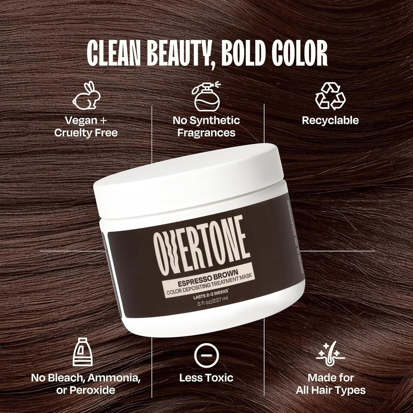 Overtone Espresso Brown Semi-Permanent Hair Color Conditioner - Nourishing Color Depositing Mask with Shea Butter & Coconut Oil | 8 oz, Vegan & Cruelty-Free