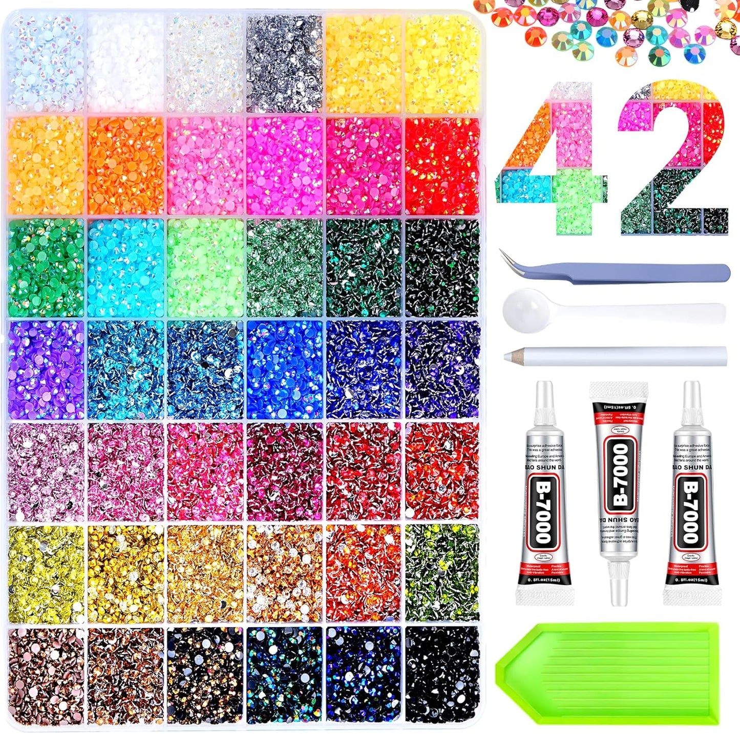 Jelly Rhinestones - 46000 Pcs 42 Colors Flatback Gems for Crafting | 3mm Multicolor with B7000 Glue