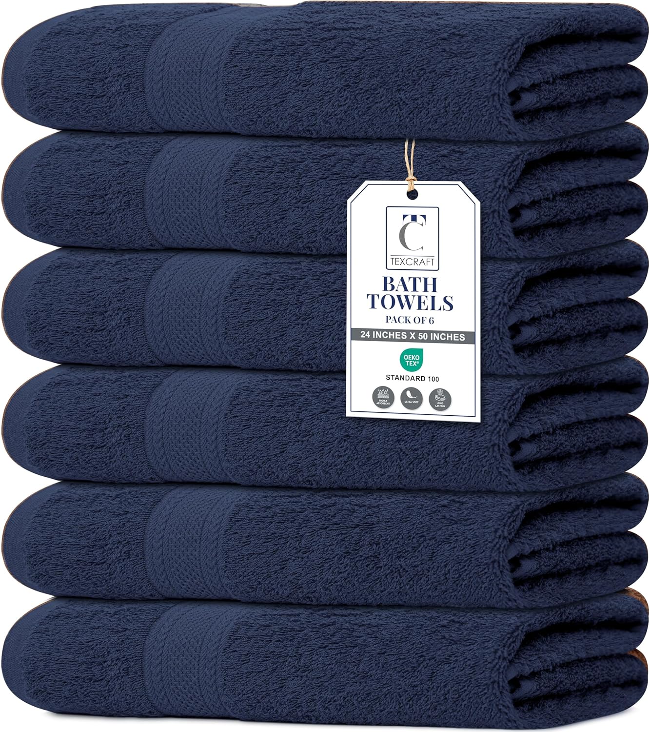 Large Bath Towels Set of 6 - 100% Cotton Terry, Quick Dry & Soft - 24" x 50", Grey for Bathroom, Gym & Spa