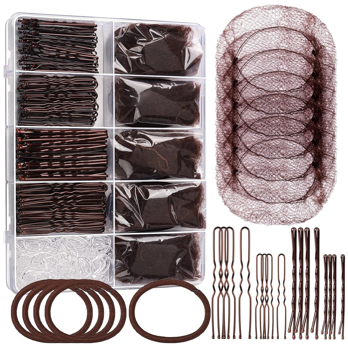 Dance Hair Accessories Kit - Essential Ballet Hair Nets, Bobby Pins & Clear Elastic Ties | Brown