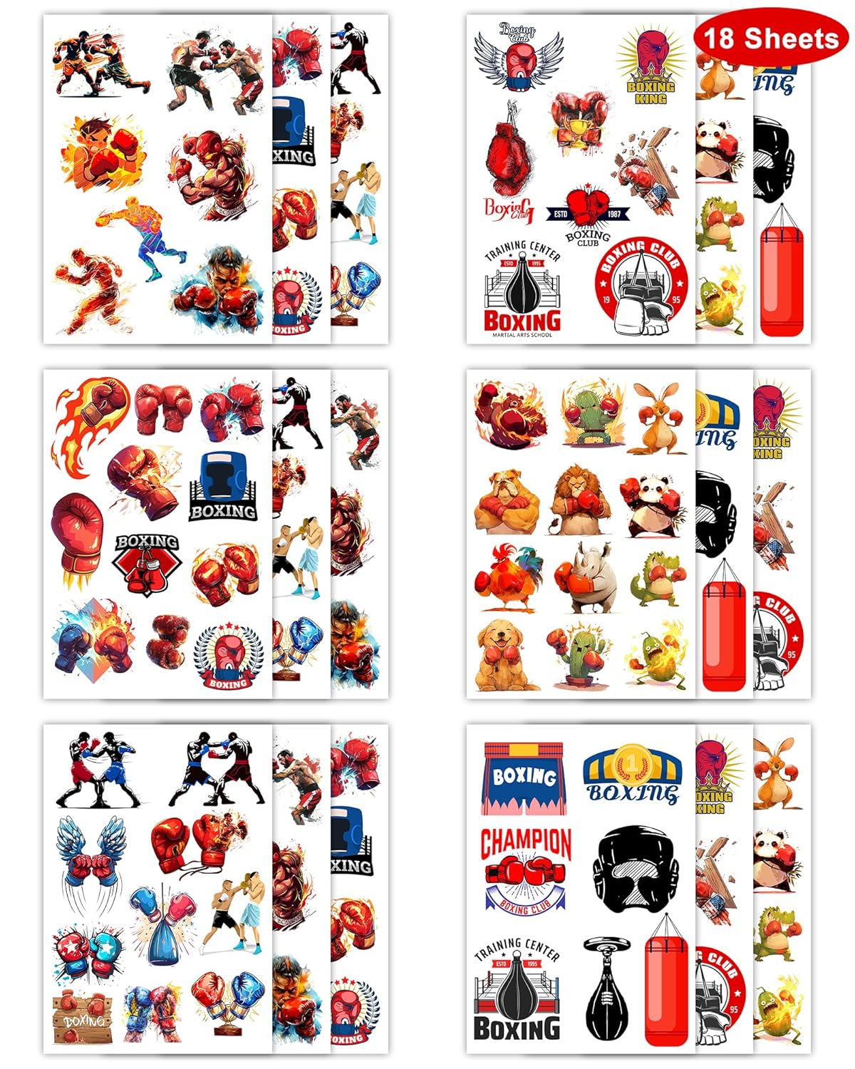 Boxing Tattoos Stickers - 165 Pcs Temporary Tattoos for Boxing Theme Parties | 18 Sheets of Glove Designs