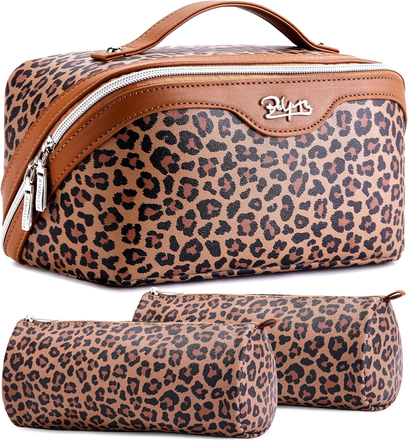 Travel Makeup Bag Organizer Set - 3 Pcs Waterproof Vegan Leather Cosmetic Bags for Women | Black