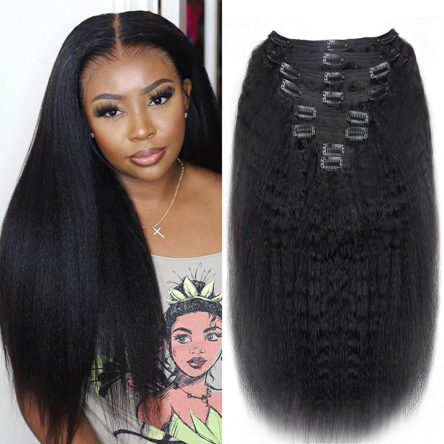 Mihugass Kinky Straight Clip In Hair Extensions Human Hair Clip Ins #1B Natural Color Full Volume Natural Texture for Daily Work Travel Party 8pcs 120g 24 Inch Kinky Straight Clip Ins