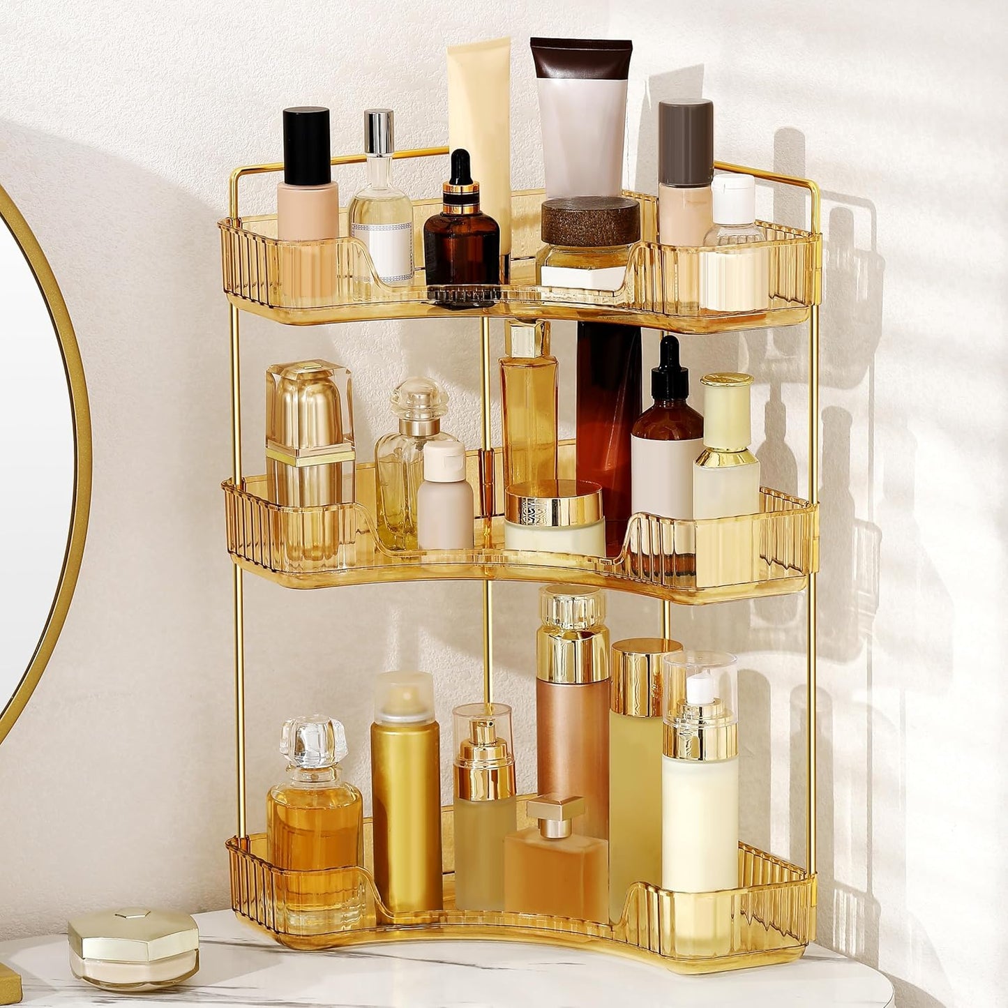 3 Tier Corner Bathroom Organizer - Stylish Makeup & Perfume Shelf for Vanity | Grey