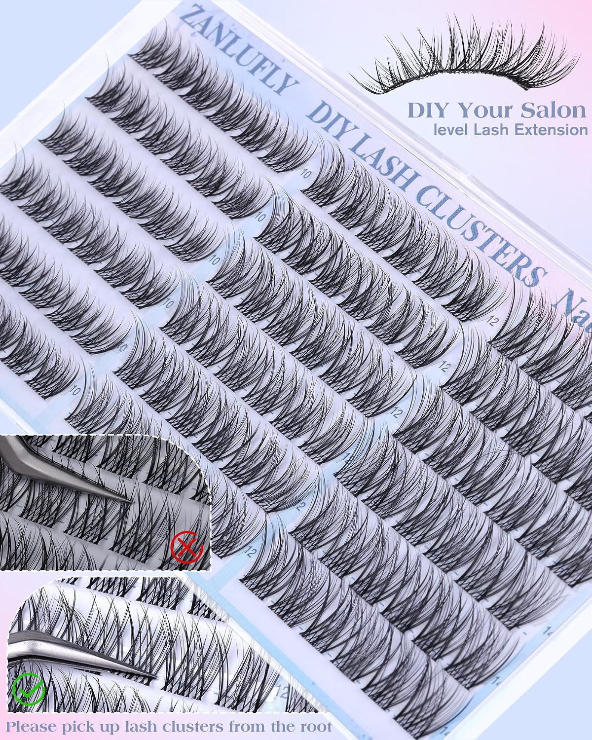 Natural CC-Curly Cluster Lashes - Wispy Eyelash Extensions with Clear Band | 10-14MM Individual DIY Lashes