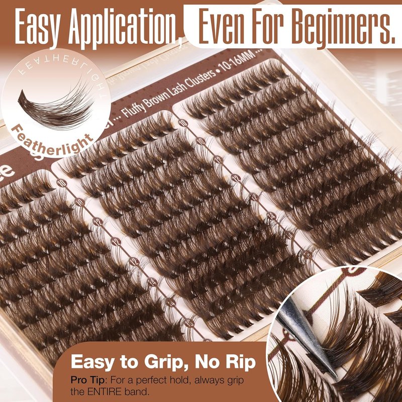Brown Lash Clusters - Natural Fluffy Dark Brown Eyelash Extensions | Tear-Resistant Band & CC Curl, 10-16MM, 270Pcs for Effortless Everyday Look