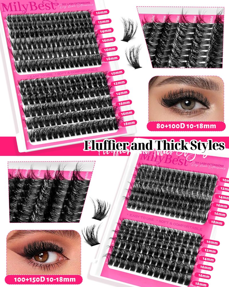 MilyBest 4 Styles Lash Clusters Kit 864Pcs Eyelash Clusters Lash Kit Volume Lashes Clusters D Curl DIY Individual False Eyelashes with 2 Bond&Seal Wispy Bulk Cluster Eyelash Extensions Kit De Pestañas