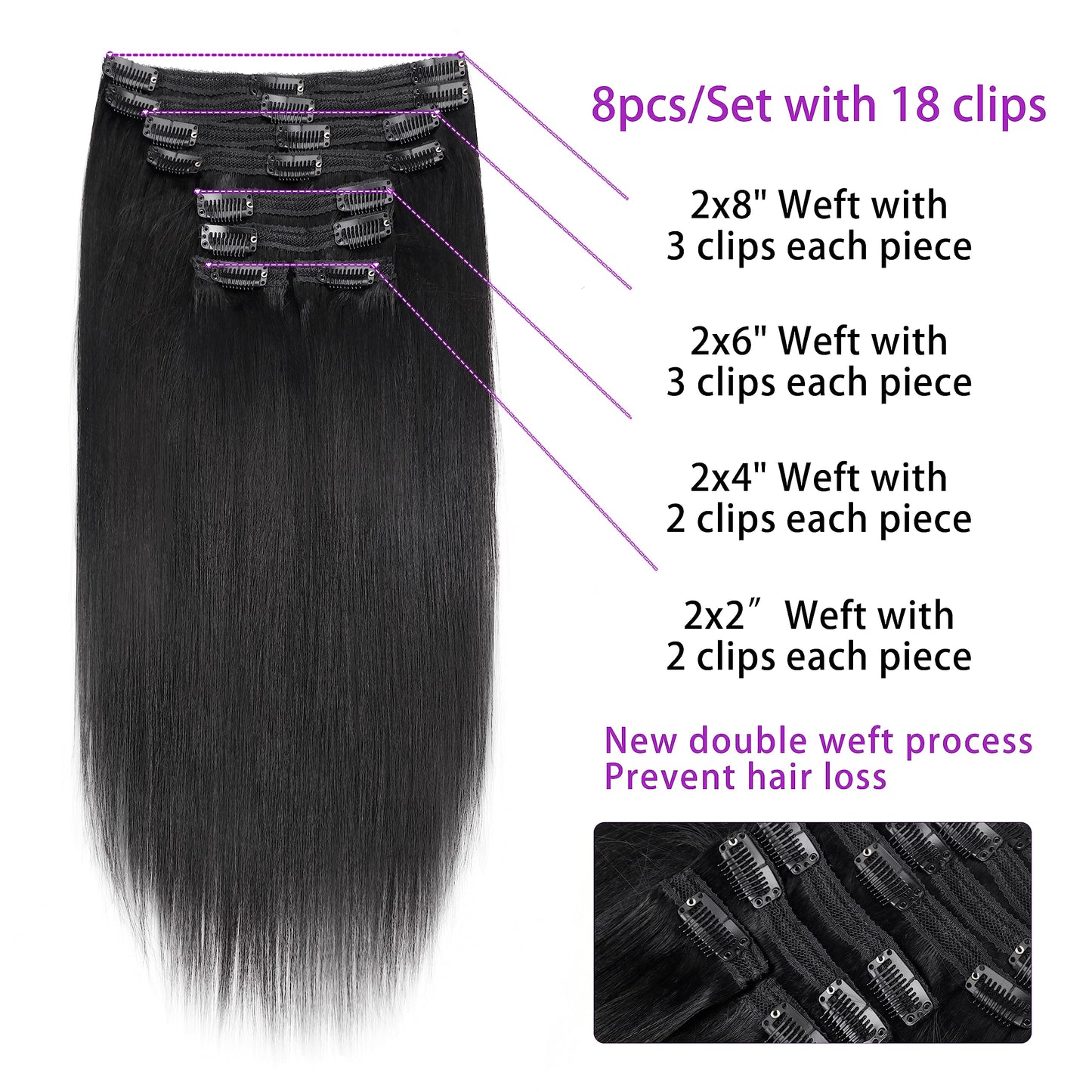 Mihugass 20 Inch Yaki-Straight Clip ins Real Human Hair Affordable Yaki Straight Clip in Human Hair Extensions Brazilian Virgin Hair clip on Hair Extensions Natural Color Daily Wear 8Pcs 120g