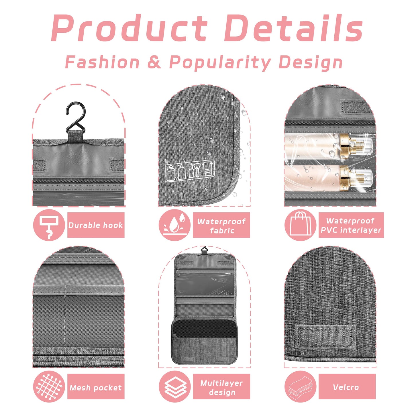 Toiletry Bag Travel Bag with Hanging Hook, Waterproof Shower Bathroom Hanging Toiletry Bag for Men Women,Small Multifunctional Makeup Cosmetic Bag,Portable Toiletries Bag Travel Organizer (Grey)