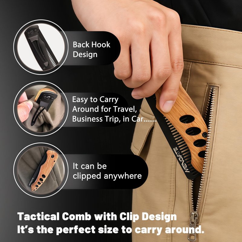 1PC Small Folding Pocket Beard & Mustache & Hair Styling Comb for Men - Metal Tactical Grooming Tool with Wooden Handle for Travel & Home Use - Idea for Stocking Stuffers - Length 6.57inch - Black