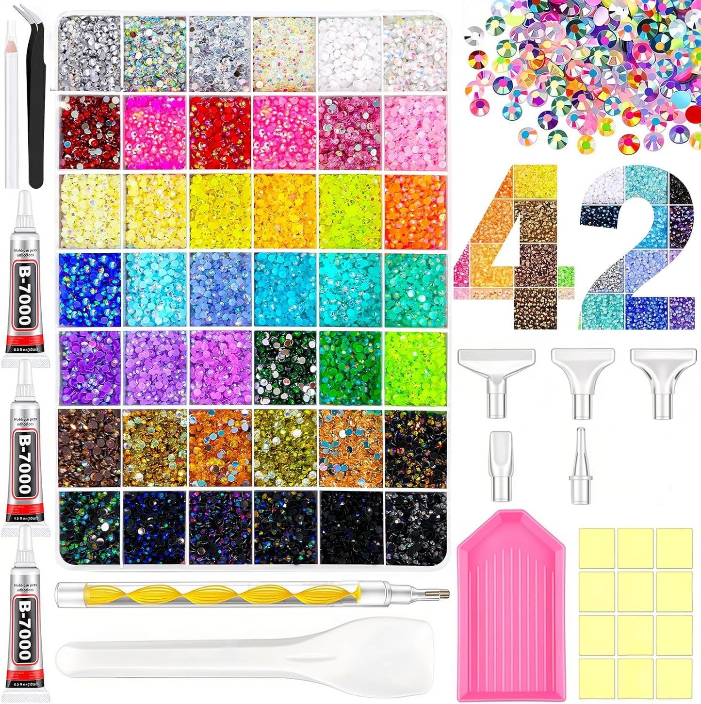 Resin Jelly Rhinestones - 40,000 Pcs Colorful Flatback Gems Kit for DIY Crafts | Includes B7000 Jewelry Glue & 3MM SS12 Size