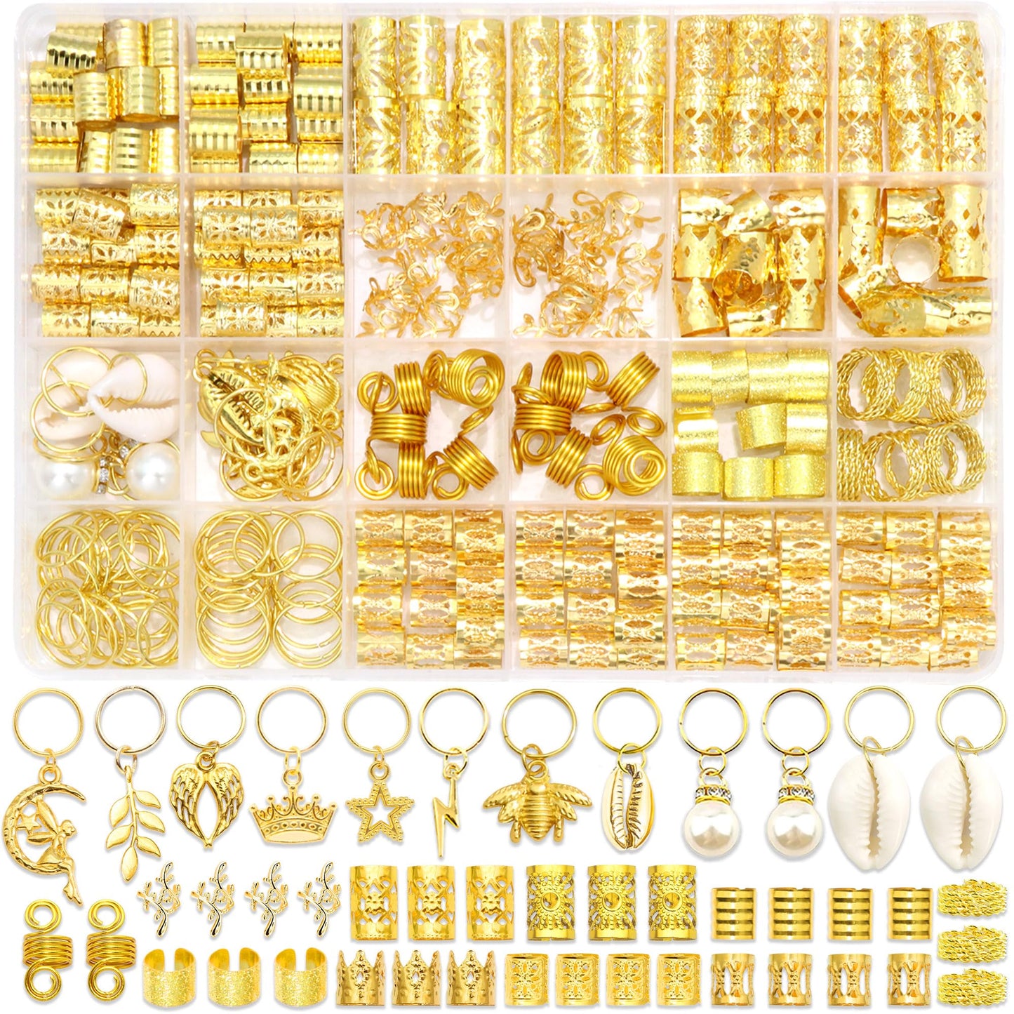 VENOFEN 274PCS Gold Hair Jewelry Shell Braids Clips Multi-Styles Loc Dreadlock Pearl Hair Charms Pendants Decor Braids Clips Accessories for Women Girls
