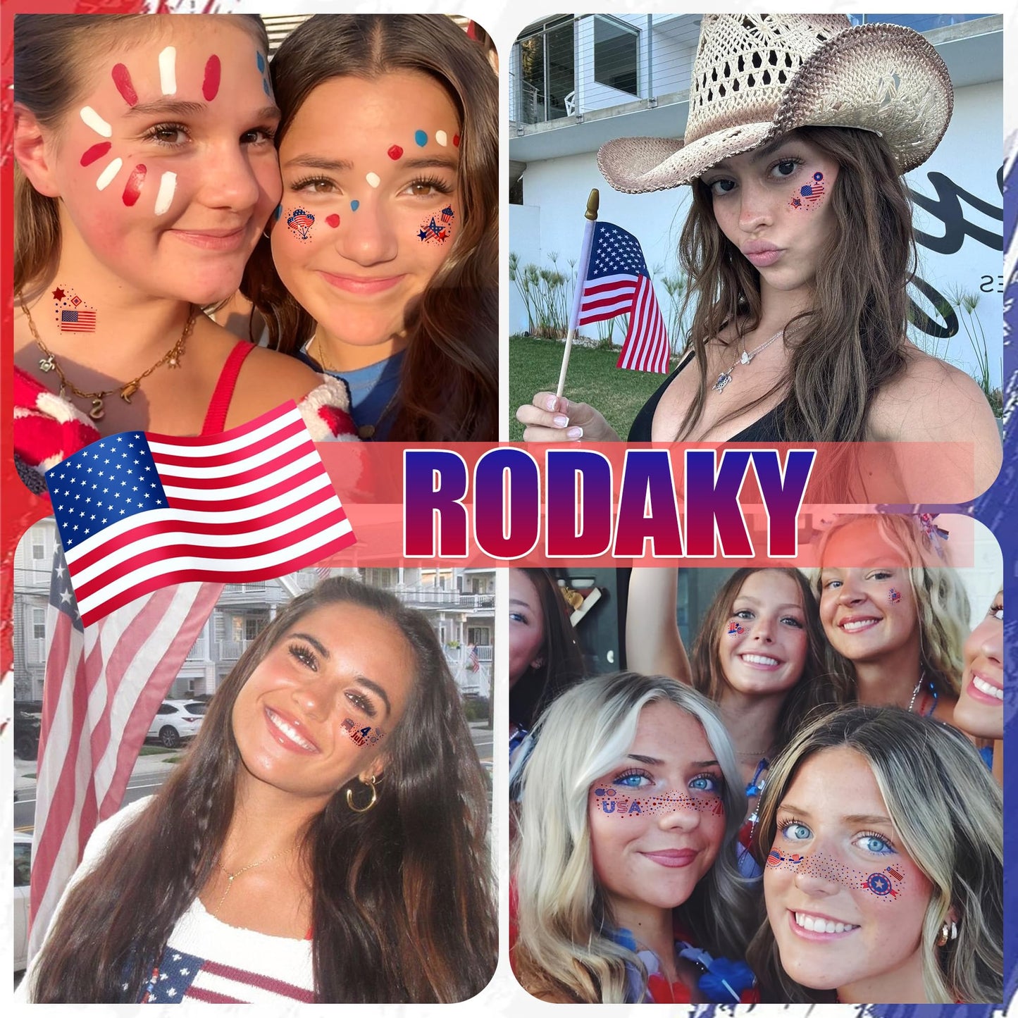 RODAKY Blue Red Face Gems 4th of July Temporary Tattoos Sticker Mixed Size Rhinestones Gems Sparkle Patches for Festival Make Up Women Girls