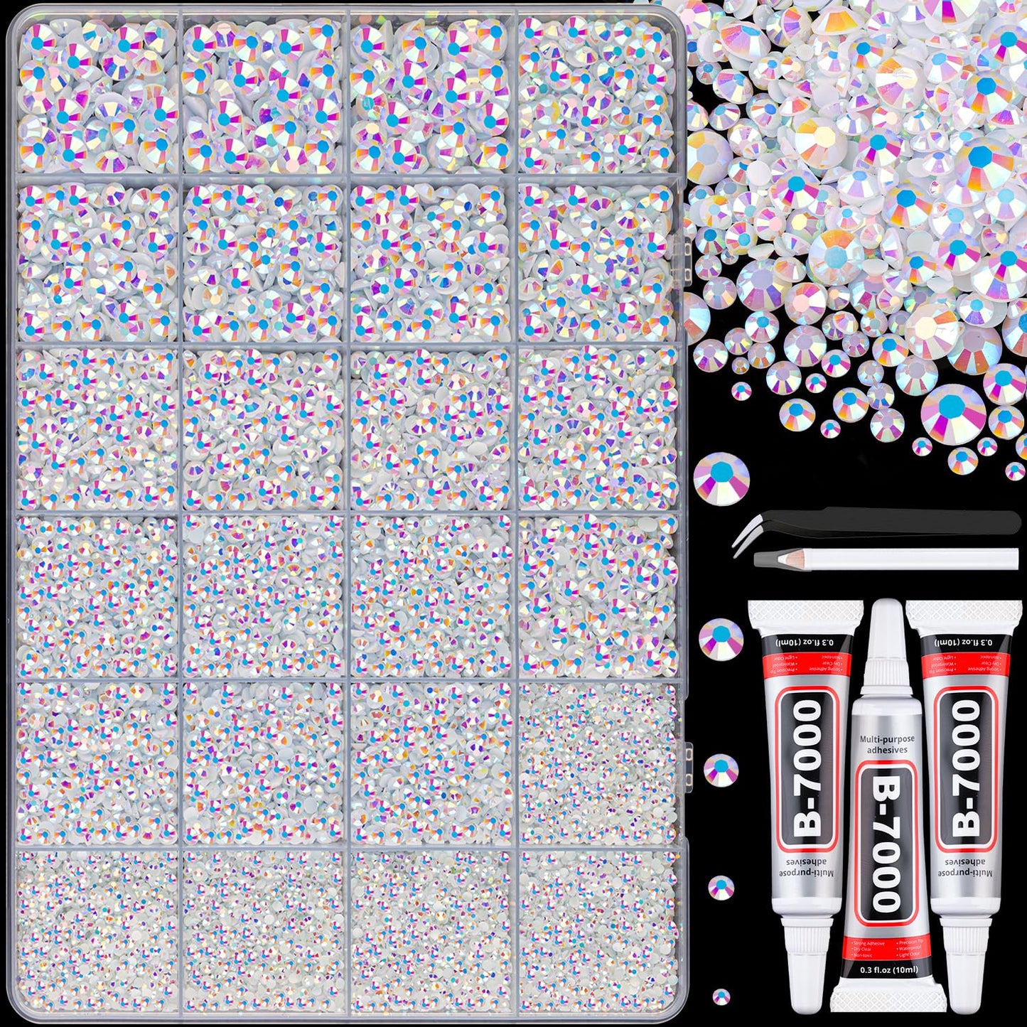 Resin Rhinestones - 32000 Pcs Flatback Gems for Bedazzling | Silver Clear Crystal Kit with 3 Pcs B7000 Glue for Nail Art & Crafts