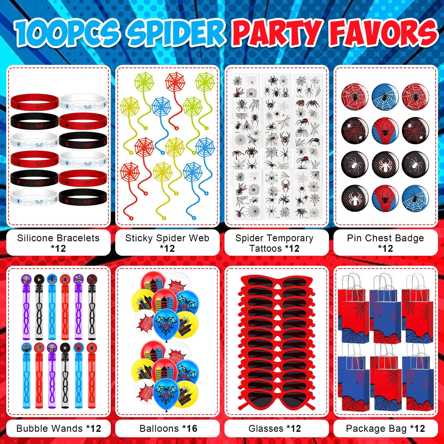 HandTool 100pcs Spider Party Favors, Hero Theme Birthday Party Supplies Including Silicone Bracelets Sticky Spider Webs Bubble Wands Temporary Tattoos, Birthday Decorations Classroom Rewards for Kids