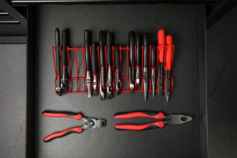 ARES 62003 - Red 16-Slot Plier Rack - Keep Pliers Organized in Tool Drawer - 3/4-Inch Slots Fit Most Plier - PVC Coating Protects Pliers and Prevents Slippage