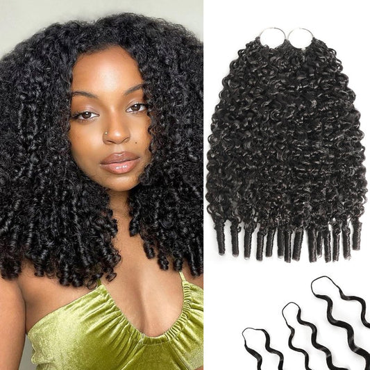 KULYMUWIG Burmese Curly Crochet Human Hair 16 Inch 120g Pre-Separated Feather Human Crochet Hair Bundles Miracle Knots Crochet Hair for Black Women Natural Black