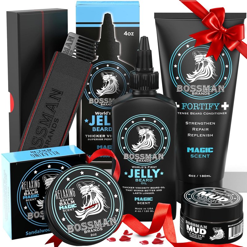 Bossman Complete Beard Kit – Men's Beard Oil Jelly, Fortifying Shower Conditioner, Balm, Mustache Wax & Comb – Beard Softener & Grooming Care – Men Gift Set (Magic Scent)
