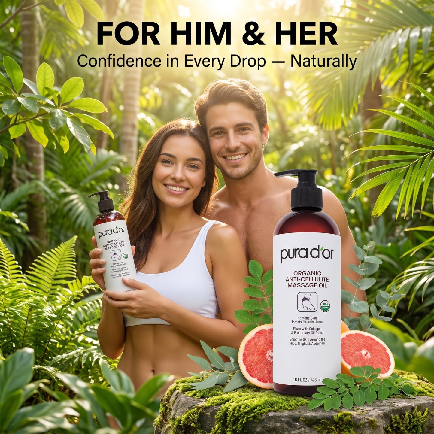 PURA D’OR 16 Oz Organic Anti-Cellulite Massage Oil for Toned Legs and Butt - Lemon Peel, Moringa, Grape Seed, Grapefruit & Eucalyptus Oils - Skin Firming & Tightening
