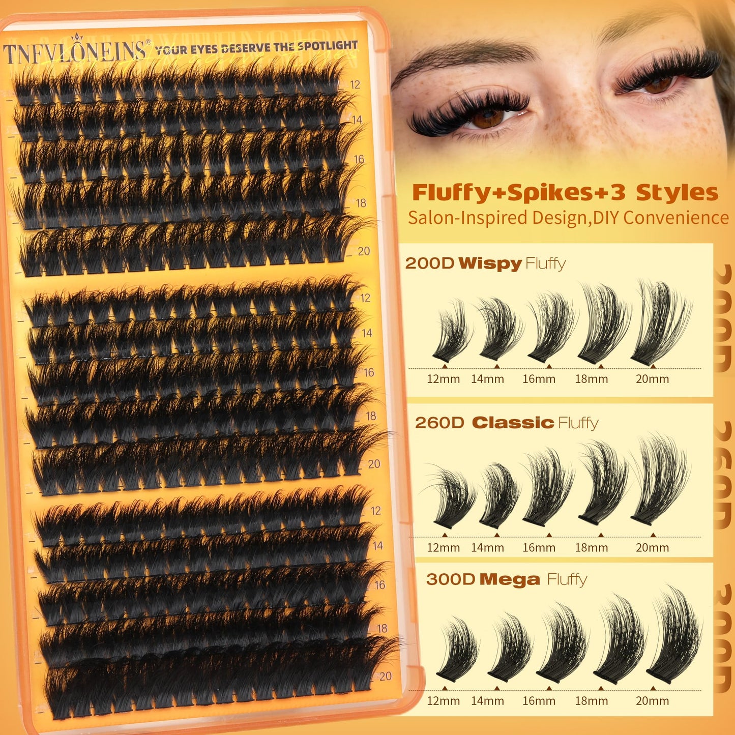 Fluffy Lash Clusters with Spikes 200D+260D+300D Cluster Eyelash Extensions Thick Eyelash Clusters Faux Mink Individual Lashes Full Volume Cluster Lashes 12-20MM Reusable Eyelashes by TNFVLONEINS