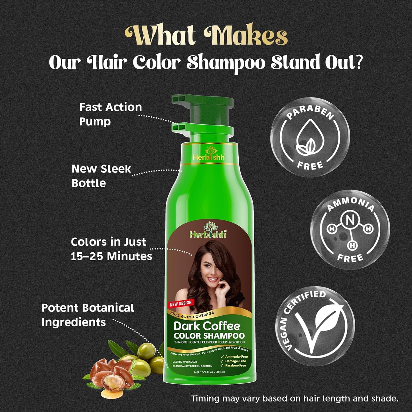 Herbishh Hair Color Shampoo for Gray Hair - Natural 3-in-1 Dye | Dark Coffee, 500ML, Lasts 3-4 Weeks