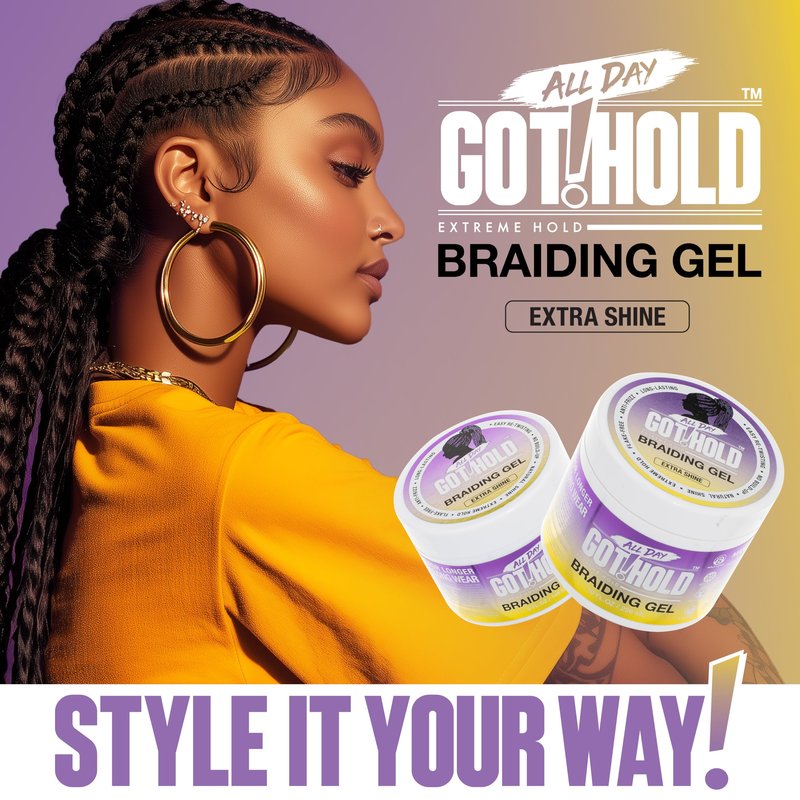 ALL DAY GOT HOLD Braiding Gel for Braids, Twists & Protective Styles (Extra Shine) – Strong Hold with Manuka Honey & Argan Oil – Non-Flaking Styling Gel for Natural Hair – 10 Fl Oz